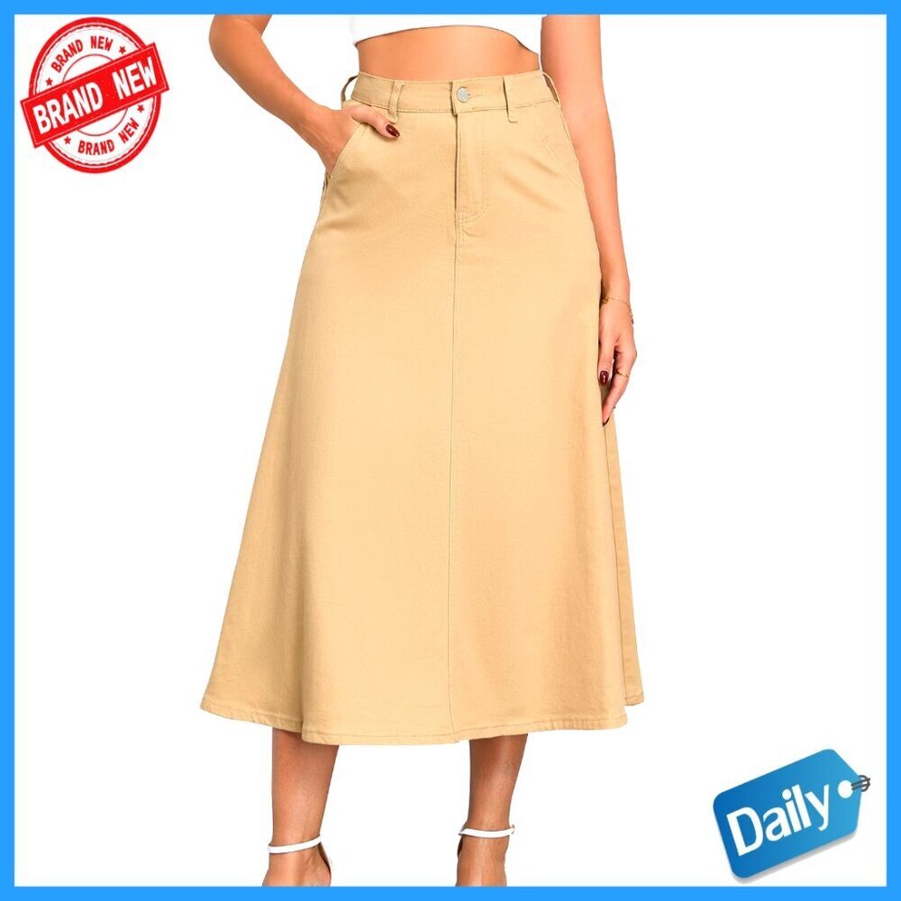 Stretchy High Waist A-Line Maxi Denim Skirt with Pockets